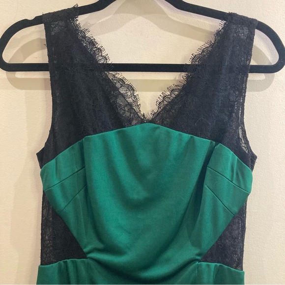 MONIQUE LHULLIER Sz 2 (estimated) Green Sheen Black Lace Top & Side Party Dress - Picture 3 of 11